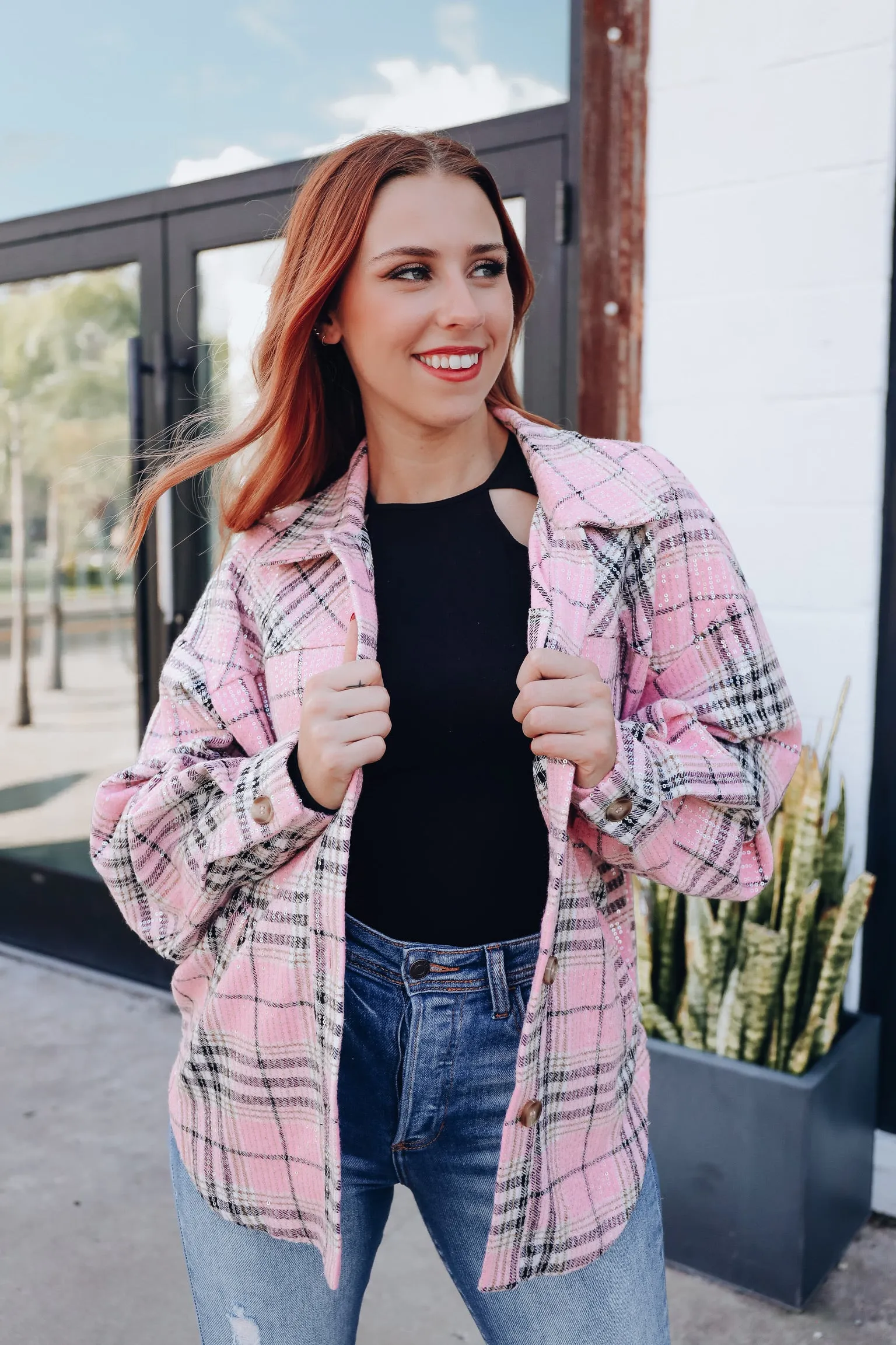 Too Fabulous Flannel Sequined Shacket - Pink