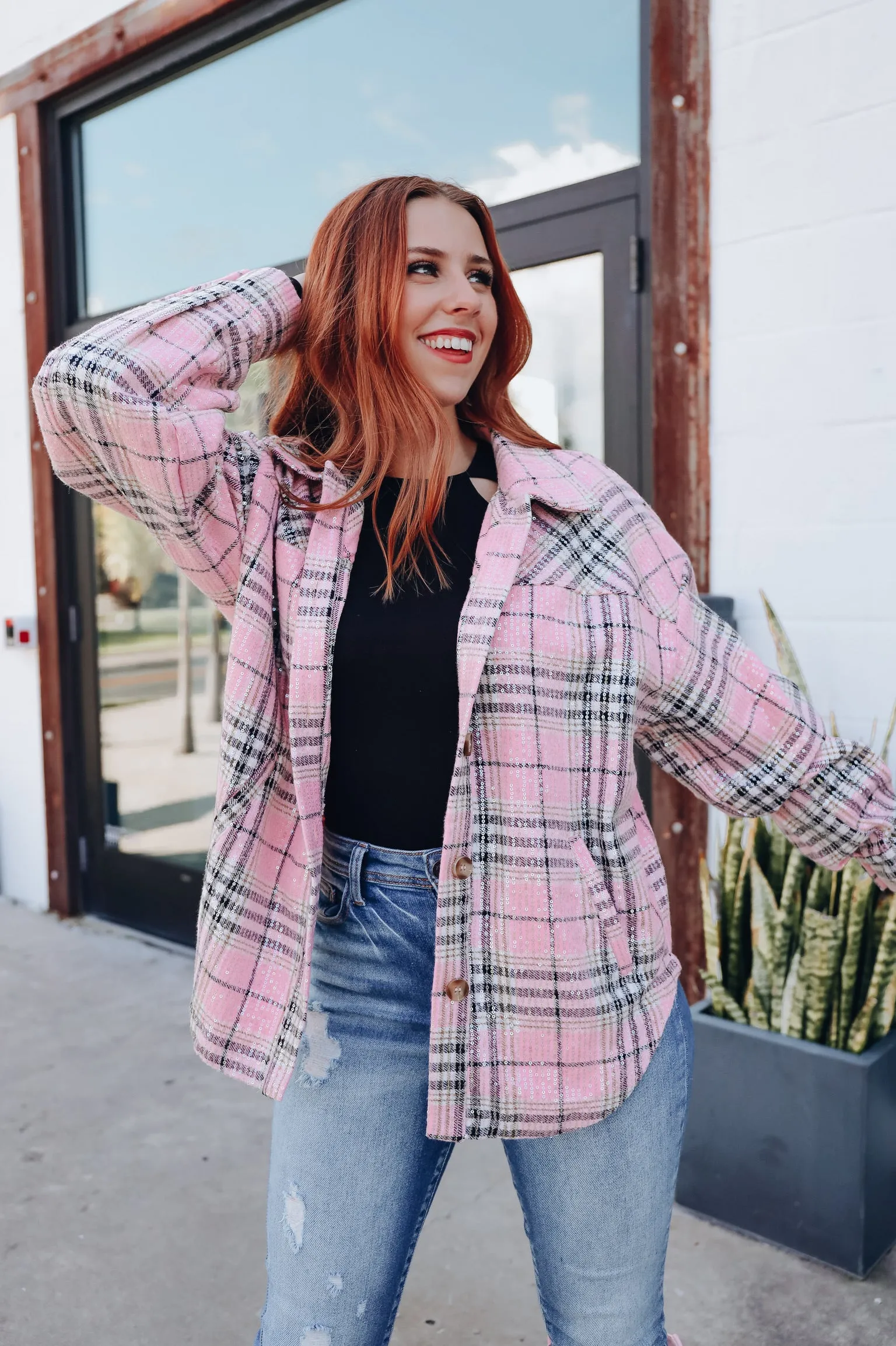 Too Fabulous Flannel Sequined Shacket - Pink