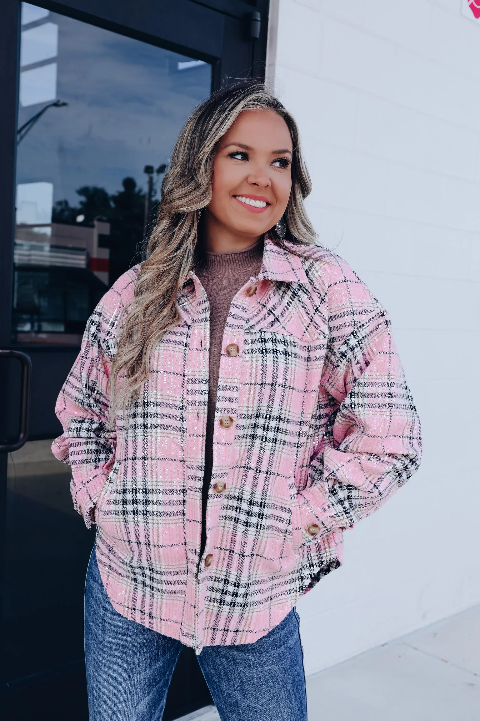 Too Fabulous Flannel Sequined Shacket - Pink