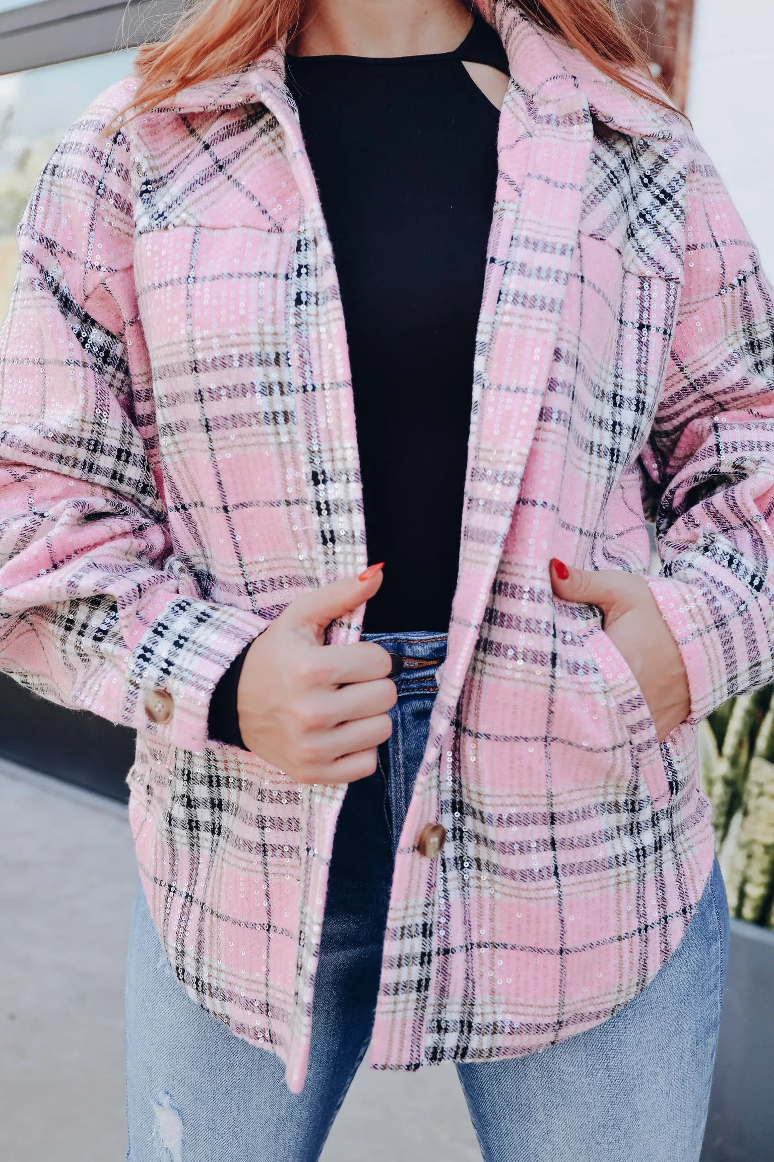 Too Fabulous Flannel Sequined Shacket - Pink
