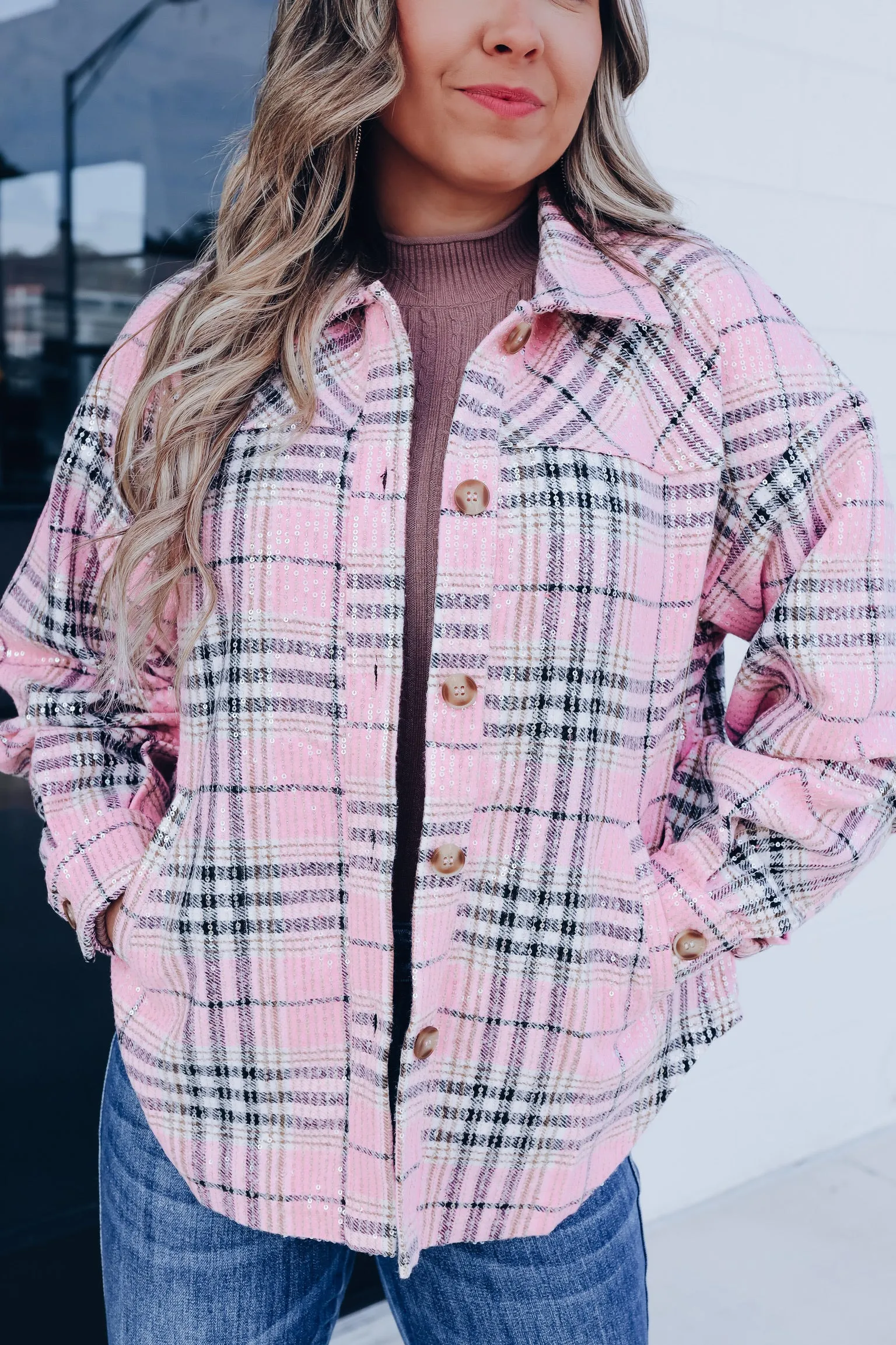 Too Fabulous Flannel Sequined Shacket - Pink