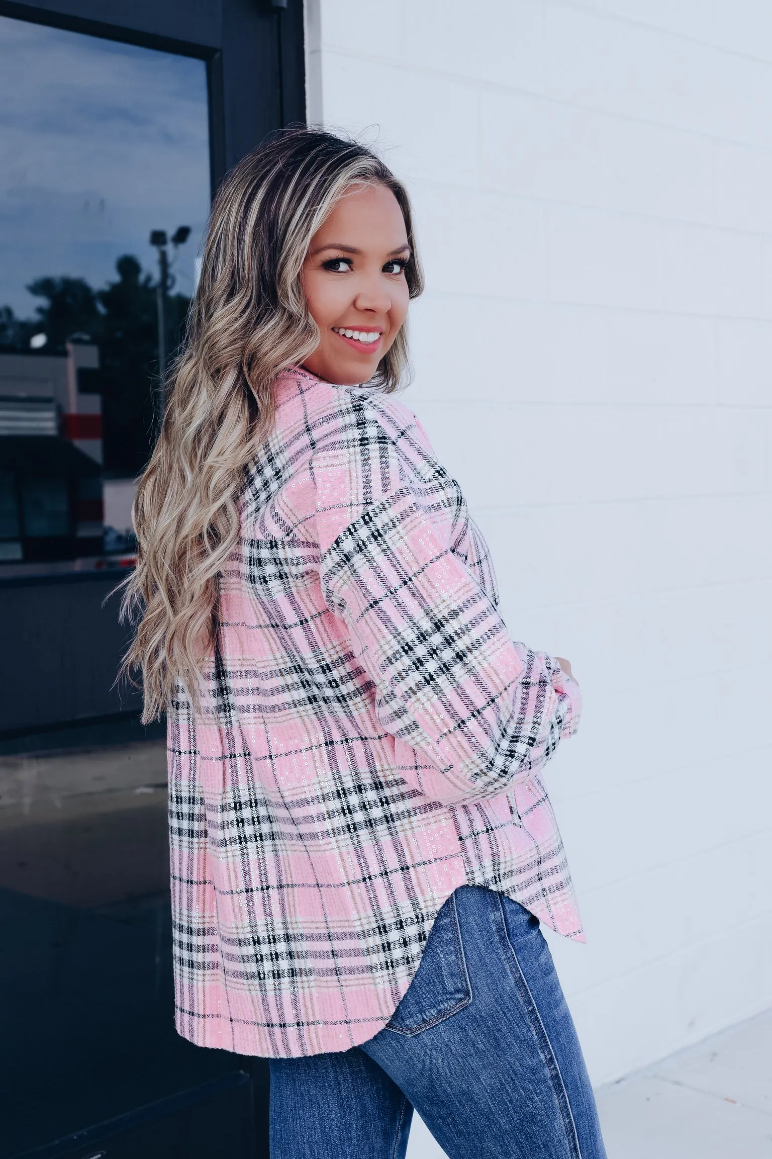 Too Fabulous Flannel Sequined Shacket - Pink