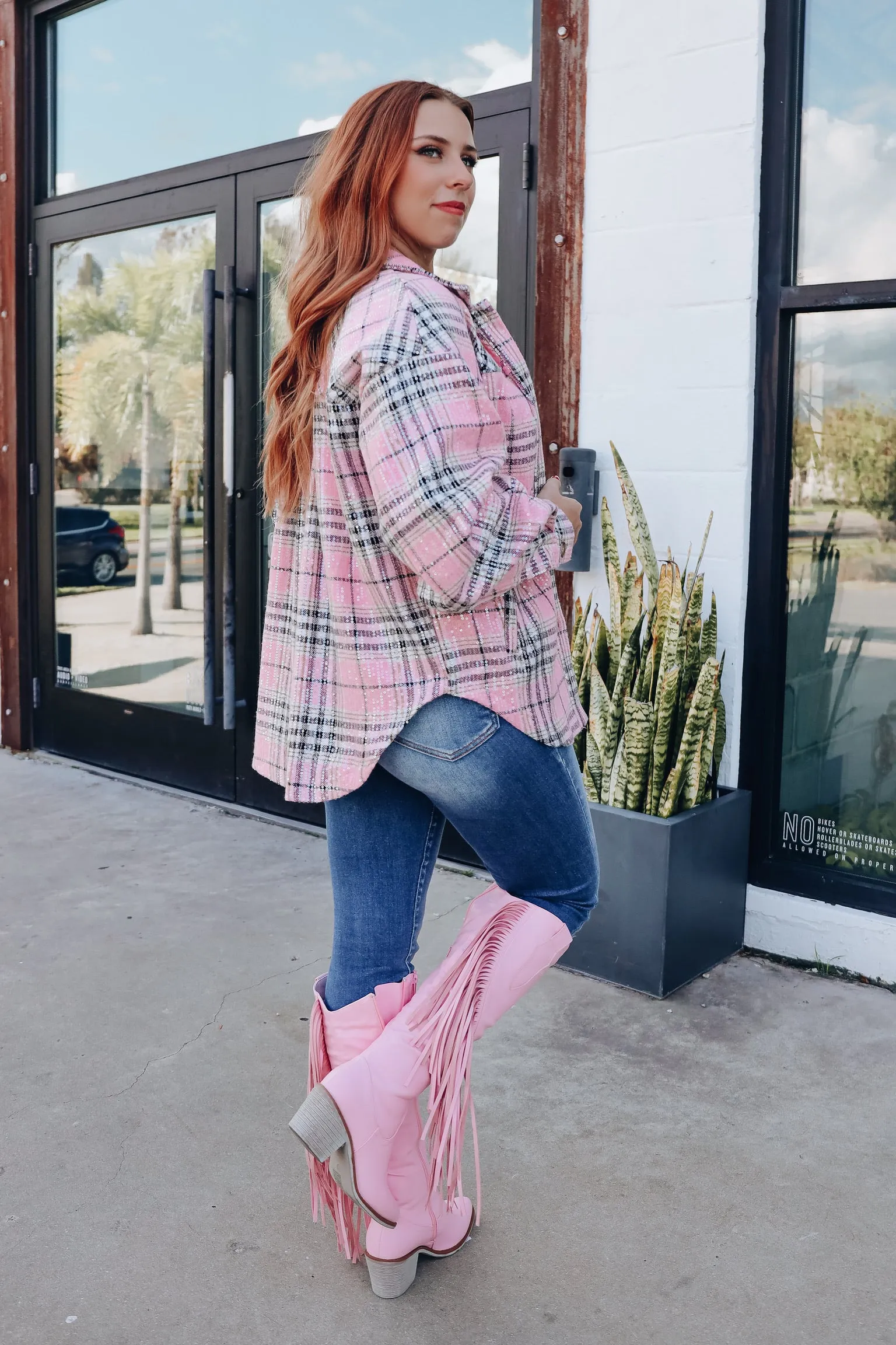 Too Fabulous Flannel Sequined Shacket - Pink