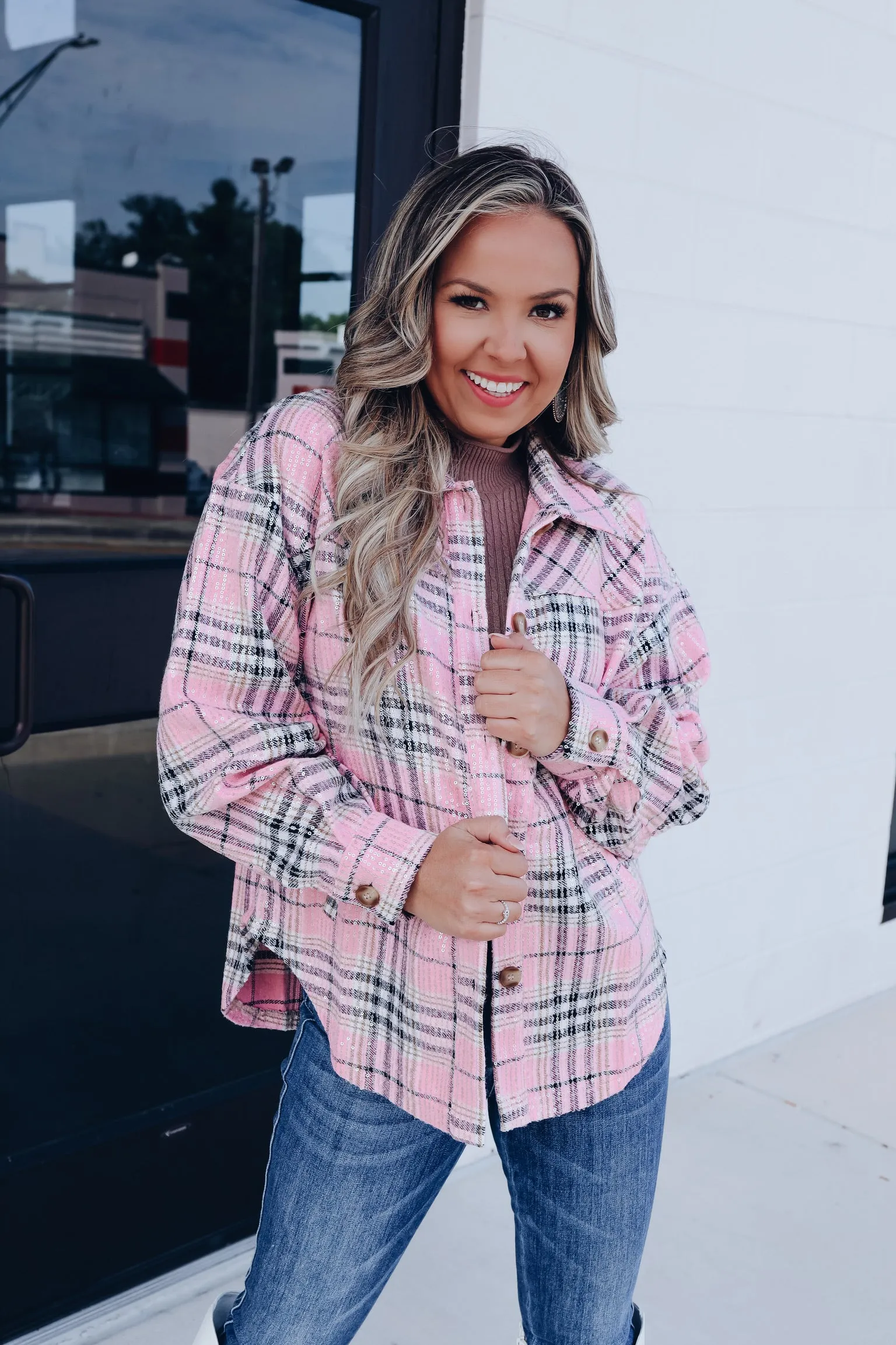 Too Fabulous Flannel Sequined Shacket - Pink