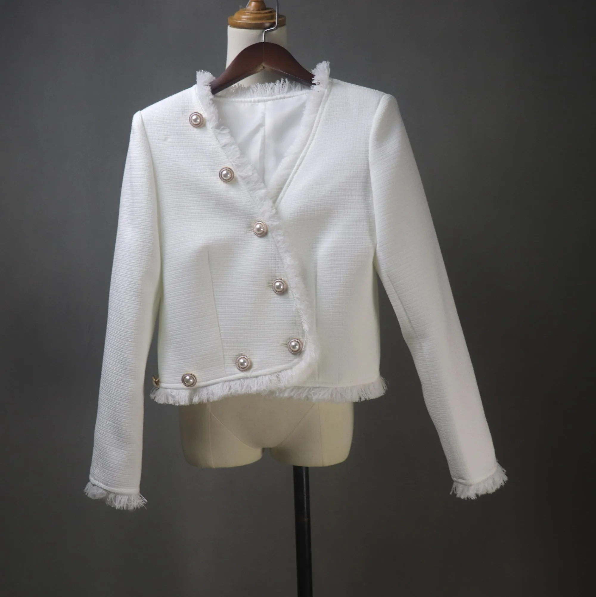 White Asymmetric Skirt Tweed Suit with Big Pearls