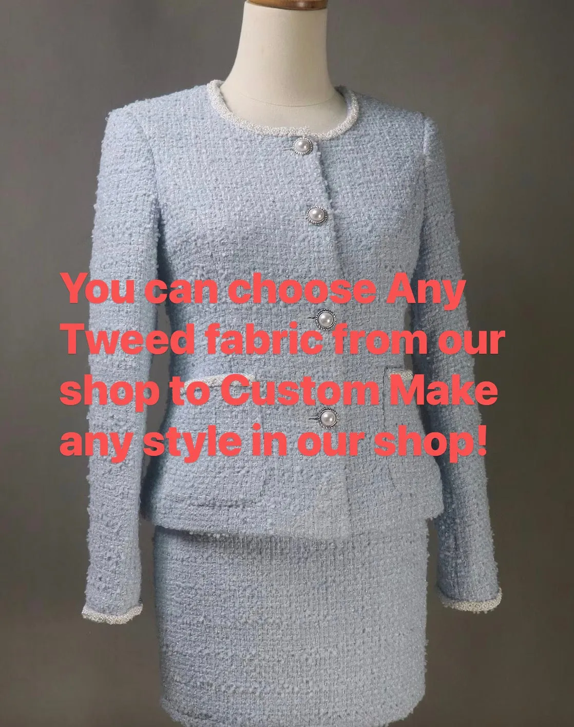 White Asymmetric Skirt Tweed Suit with Big Pearls