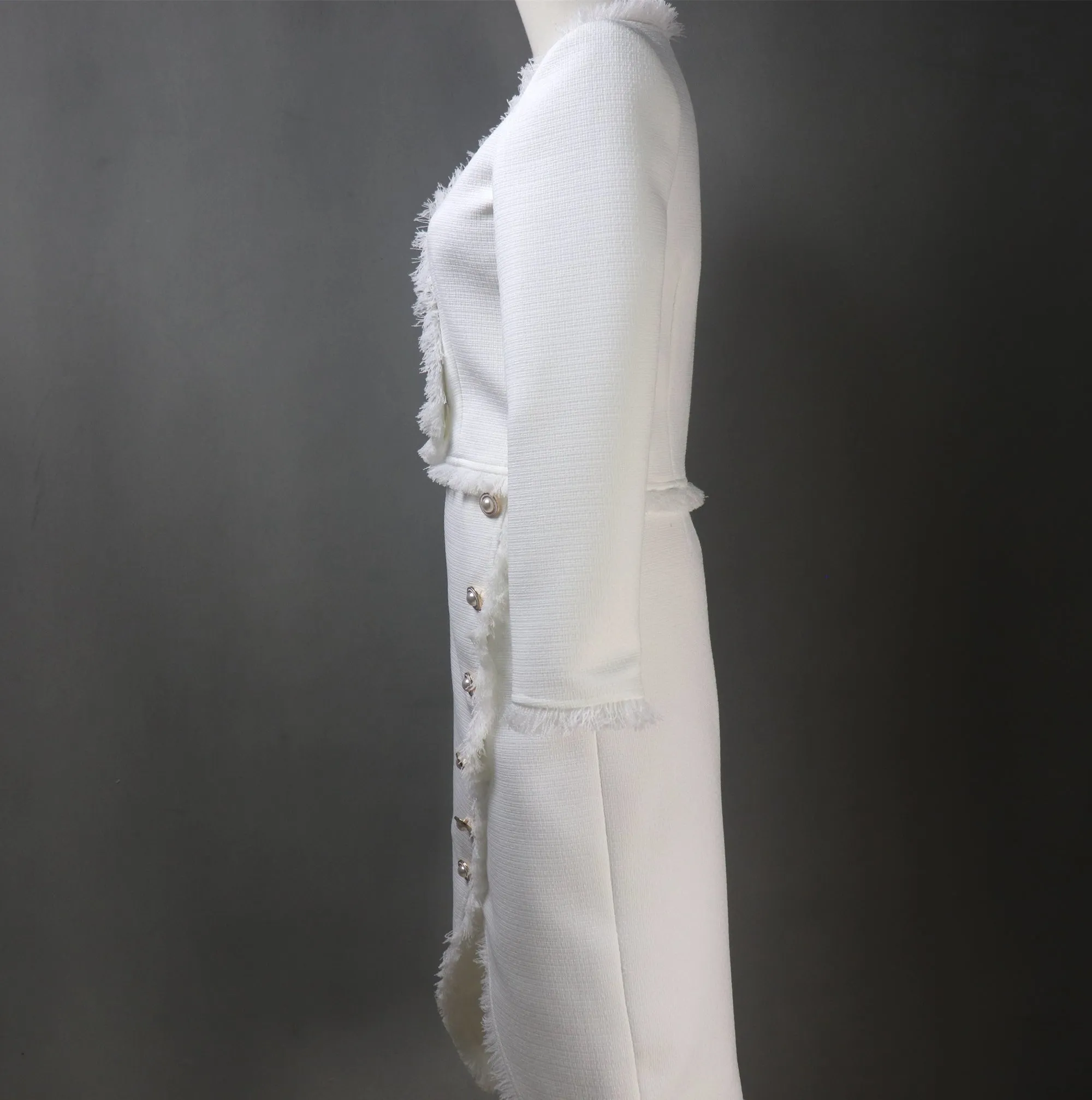 White Asymmetric Skirt Tweed Suit with Big Pearls