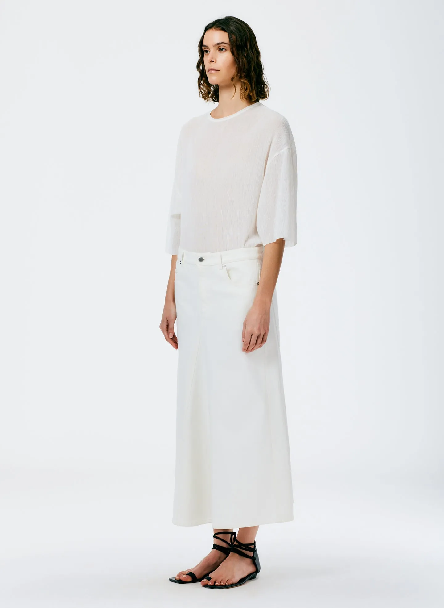 White Denim Godet Midi Skirt