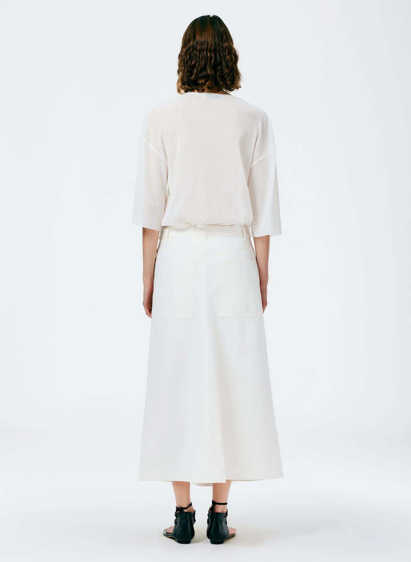 White Denim Godet Midi Skirt