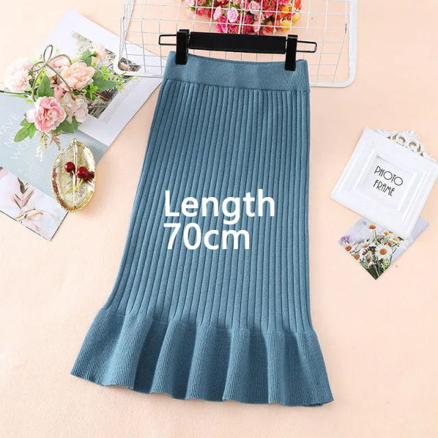 Wjczt Women&#39;s Skirt Knitted High Waist Ruffles Mermaid Skirt Casual Commuter Bag Hip Midi Skirt Office Lady Solid Elastic Pencil Skirt