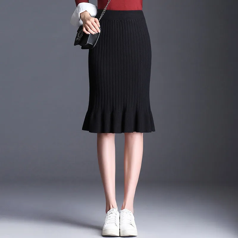 Wjczt Women&#39;s Skirt Knitted High Waist Ruffles Mermaid Skirt Casual Commuter Bag Hip Midi Skirt Office Lady Solid Elastic Pencil Skirt