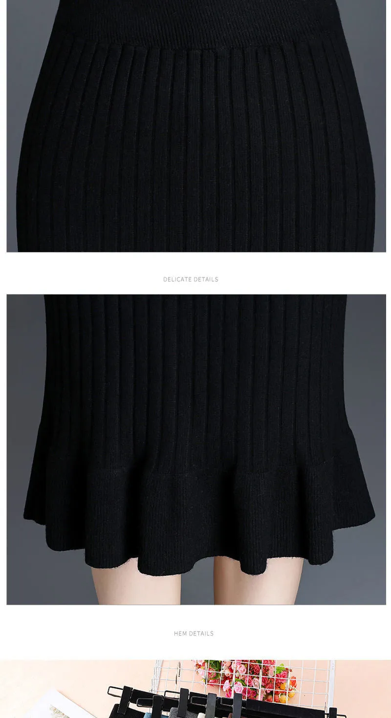 Wjczt Women&#39;s Skirt Knitted High Waist Ruffles Mermaid Skirt Casual Commuter Bag Hip Midi Skirt Office Lady Solid Elastic Pencil Skirt