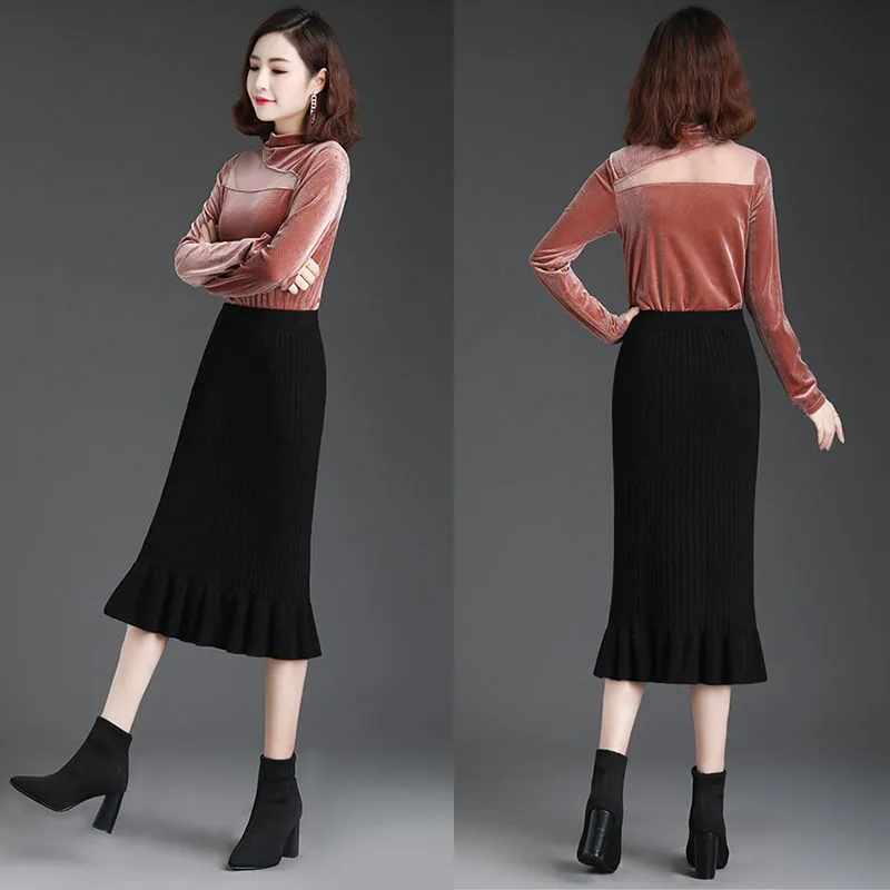 Wjczt Women&#39;s Skirt Knitted High Waist Ruffles Mermaid Skirt Casual Commuter Bag Hip Midi Skirt Office Lady Solid Elastic Pencil Skirt
