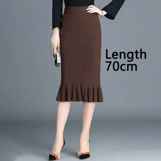 Wjczt Women&#39;s Skirt Knitted High Waist Ruffles Mermaid Skirt Casual Commuter Bag Hip Midi Skirt Office Lady Solid Elastic Pencil Skirt