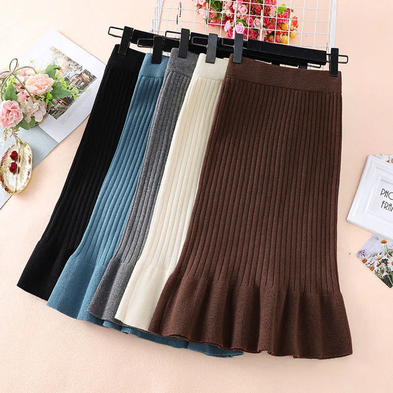 Wjczt Women&#39;s Skirt Knitted High Waist Ruffles Mermaid Skirt Casual Commuter Bag Hip Midi Skirt Office Lady Solid Elastic Pencil Skirt