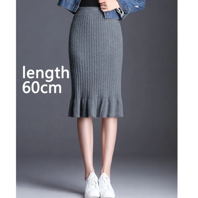 Wjczt Women&#39;s Skirt Knitted High Waist Ruffles Mermaid Skirt Casual Commuter Bag Hip Midi Skirt Office Lady Solid Elastic Pencil Skirt