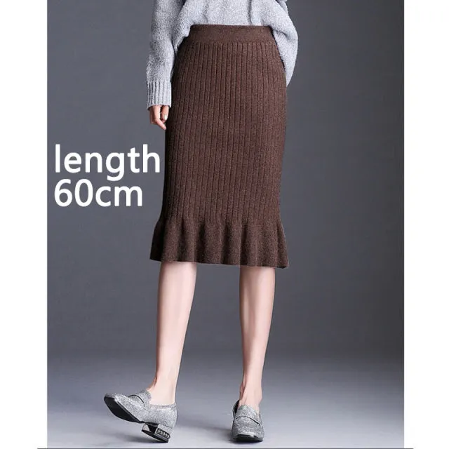 Wjczt Women&#39;s Skirt Knitted High Waist Ruffles Mermaid Skirt Casual Commuter Bag Hip Midi Skirt Office Lady Solid Elastic Pencil Skirt