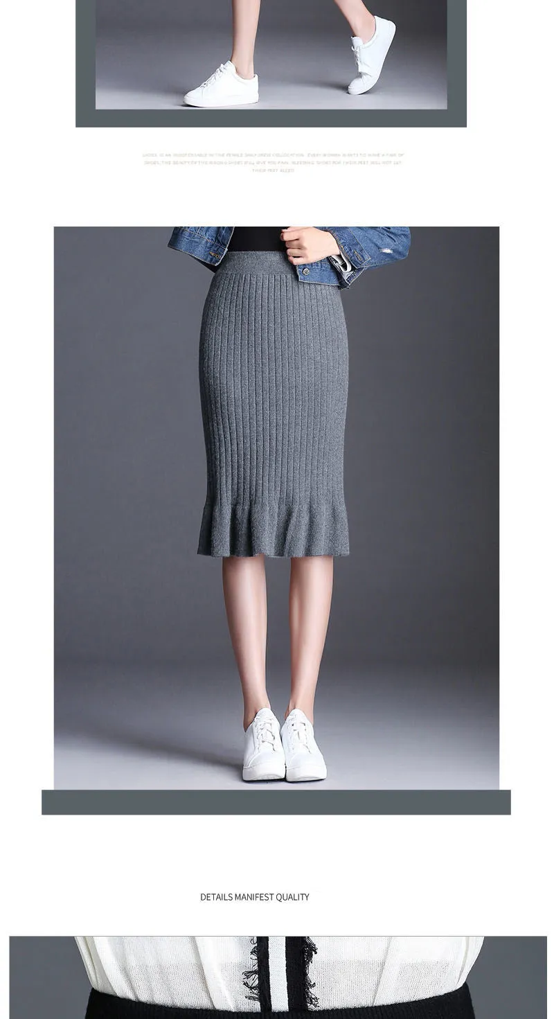 Wjczt Women&#39;s Skirt Knitted High Waist Ruffles Mermaid Skirt Casual Commuter Bag Hip Midi Skirt Office Lady Solid Elastic Pencil Skirt