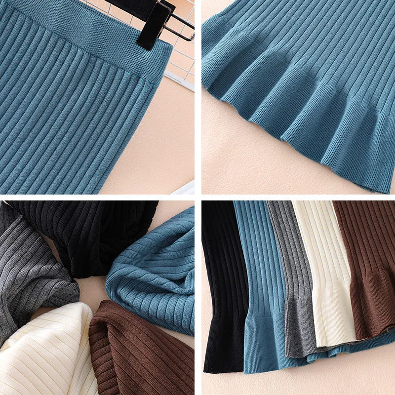 Wjczt Women&#39;s Skirt Knitted High Waist Ruffles Mermaid Skirt Casual Commuter Bag Hip Midi Skirt Office Lady Solid Elastic Pencil Skirt