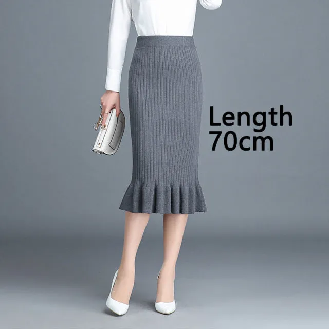 Wjczt Women&#39;s Skirt Knitted High Waist Ruffles Mermaid Skirt Casual Commuter Bag Hip Midi Skirt Office Lady Solid Elastic Pencil Skirt
