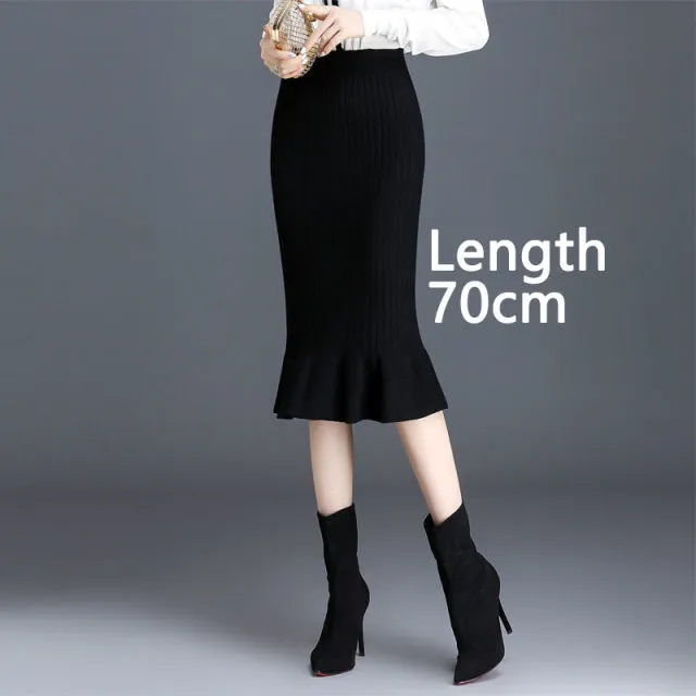 Wjczt Women&#39;s Skirt Knitted High Waist Ruffles Mermaid Skirt Casual Commuter Bag Hip Midi Skirt Office Lady Solid Elastic Pencil Skirt