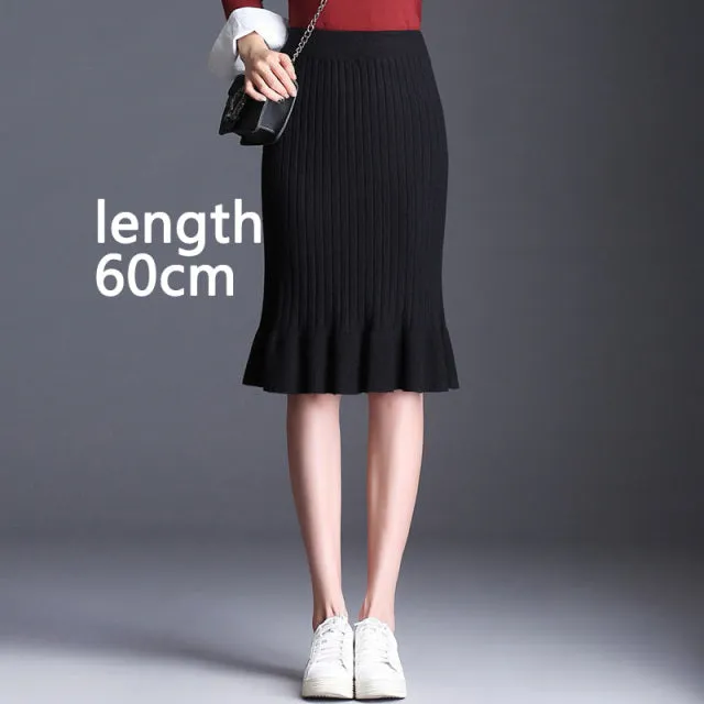 Wjczt Women&#39;s Skirt Knitted High Waist Ruffles Mermaid Skirt Casual Commuter Bag Hip Midi Skirt Office Lady Solid Elastic Pencil Skirt