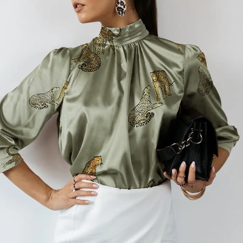 Women Fashion Satin Blouse 2022 Elegant Tunic Slik Tops Autumn Solid High Collar Shirt Long Sleeve Party Blusas Femininas