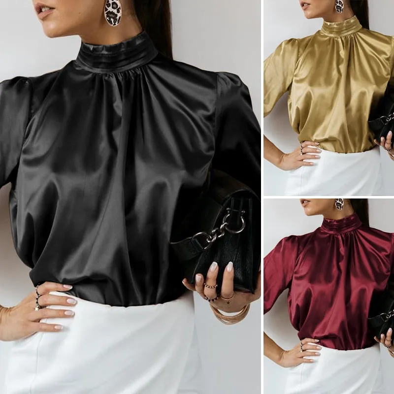 Women Fashion Satin Blouse 2022 Elegant Tunic Slik Tops Autumn Solid High Collar Shirt Long Sleeve Party Blusas Femininas