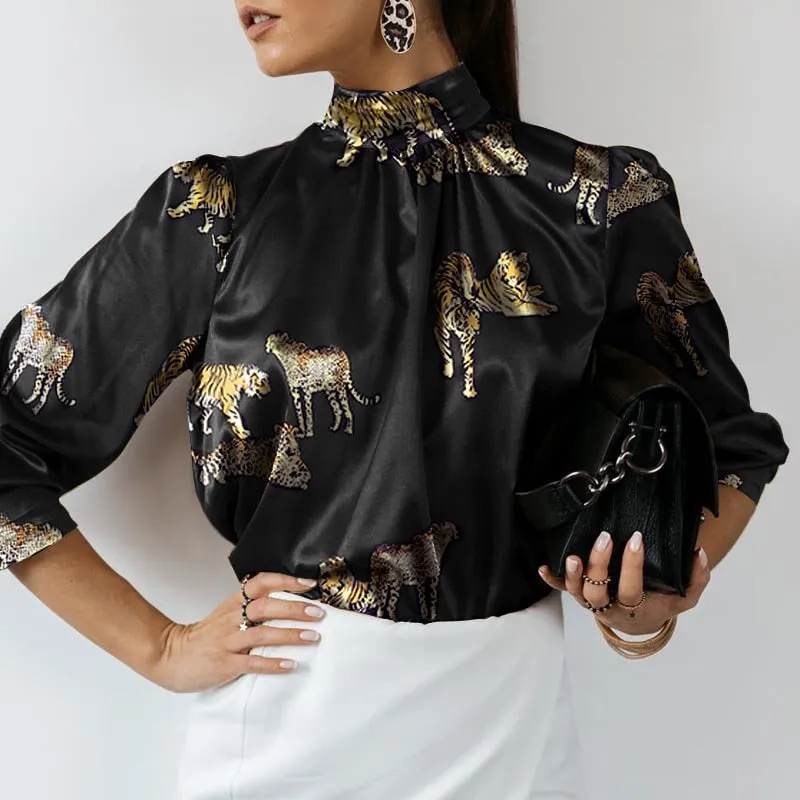 Women Fashion Satin Blouse 2022 Elegant Tunic Slik Tops Autumn Solid High Collar Shirt Long Sleeve Party Blusas Femininas