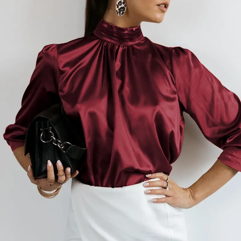 Women Fashion Satin Blouse 2022 Elegant Tunic Slik Tops Autumn Solid High Collar Shirt Long Sleeve Party Blusas Femininas