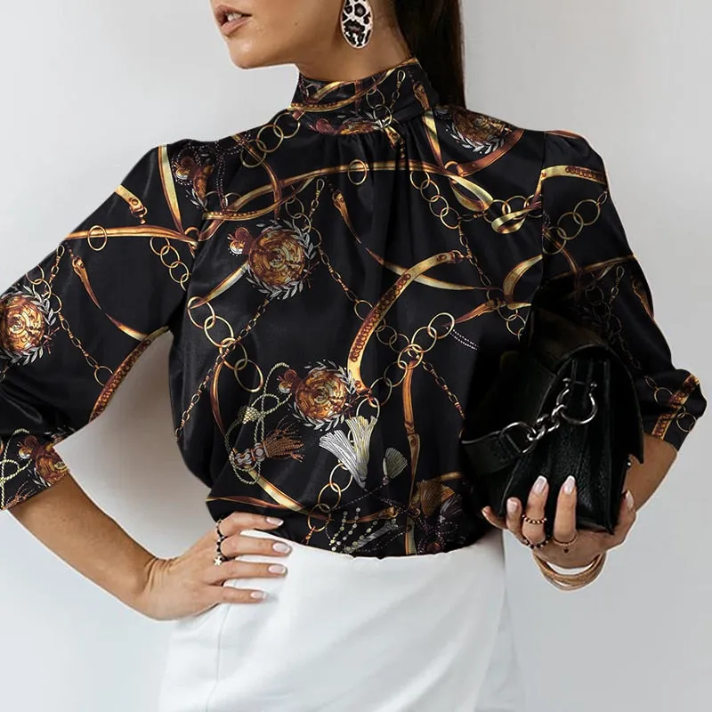 Women Fashion Satin Blouse 2022 Elegant Tunic Slik Tops Autumn Solid High Collar Shirt Long Sleeve Party Blusas Femininas