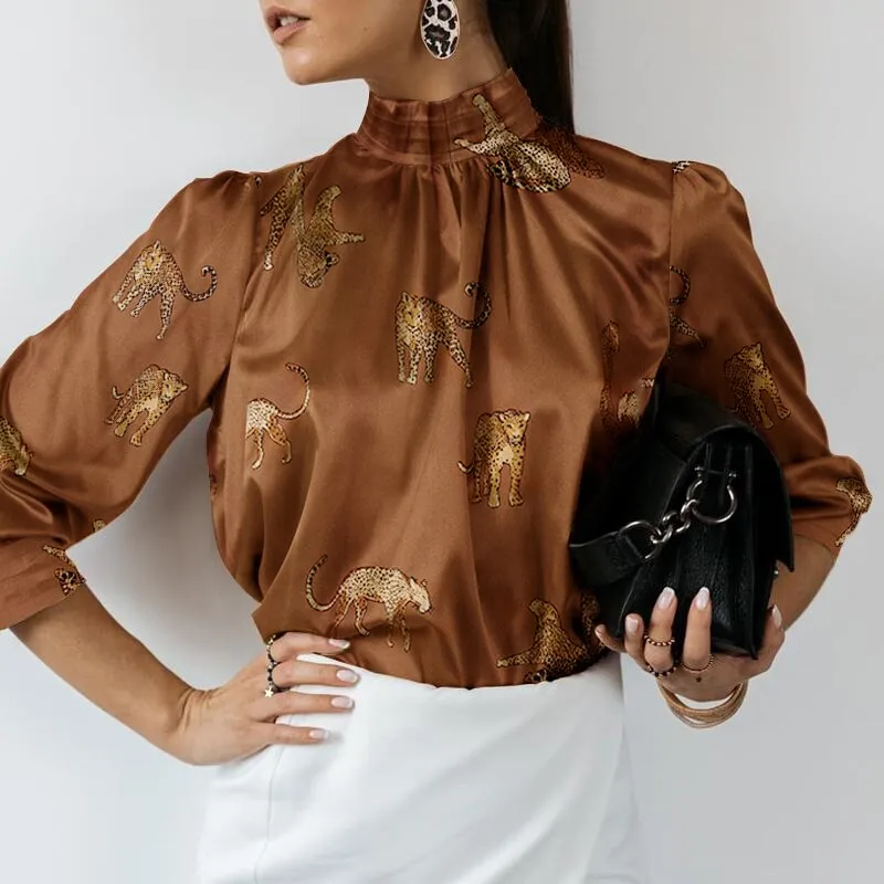 Women Fashion Satin Blouse 2022 Elegant Tunic Slik Tops Autumn Solid High Collar Shirt Long Sleeve Party Blusas Femininas