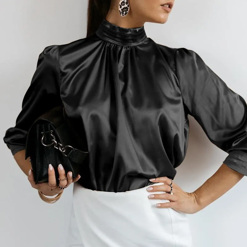 Women Fashion Satin Blouse 2022 Elegant Tunic Slik Tops Autumn Solid High Collar Shirt Long Sleeve Party Blusas Femininas