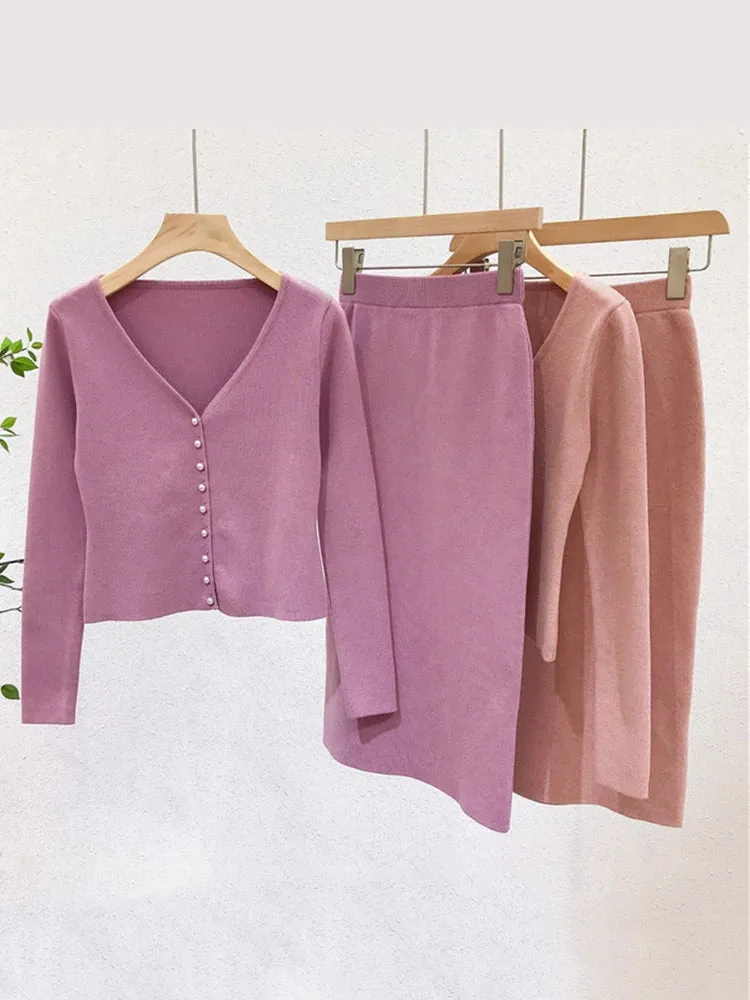 Women Knitted Two Piece Sets Sexy Long Sleeve Sweater Cardigan And High Waist Pencil Skirt Suits  C-115