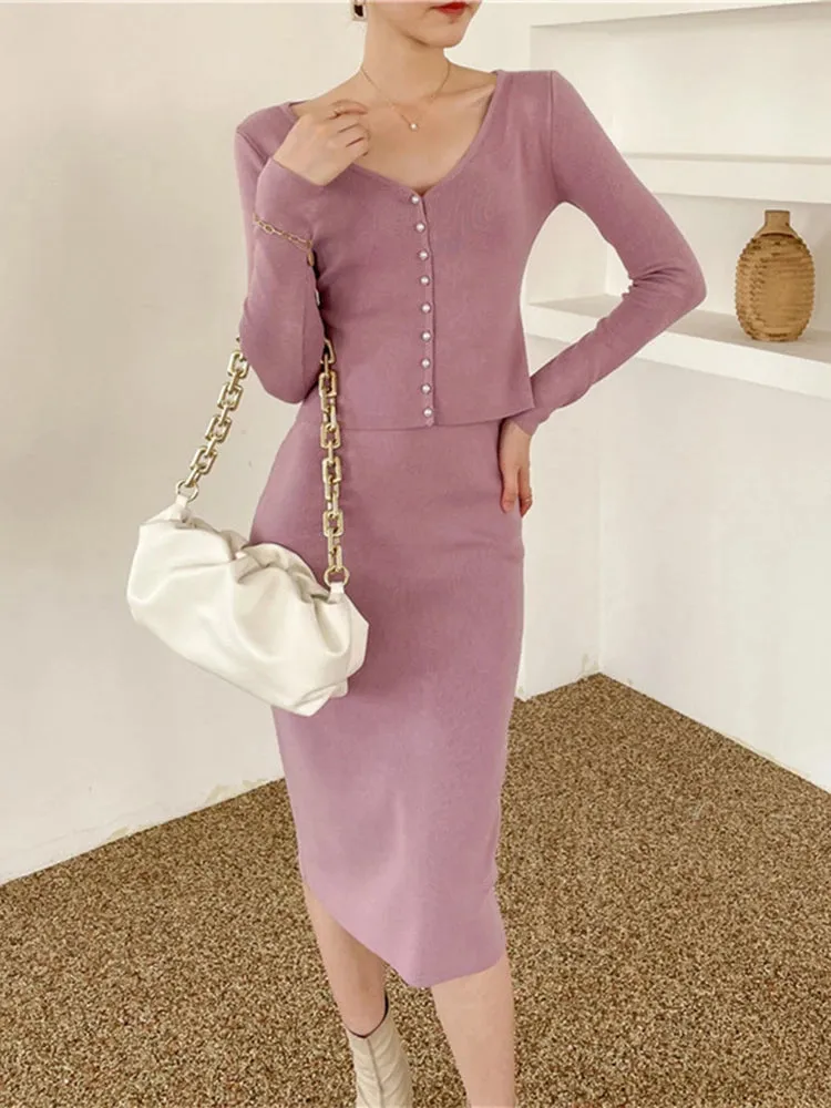 Women Knitted Two Piece Sets Sexy Long Sleeve Sweater Cardigan And High Waist Pencil Skirt Suits  C-115