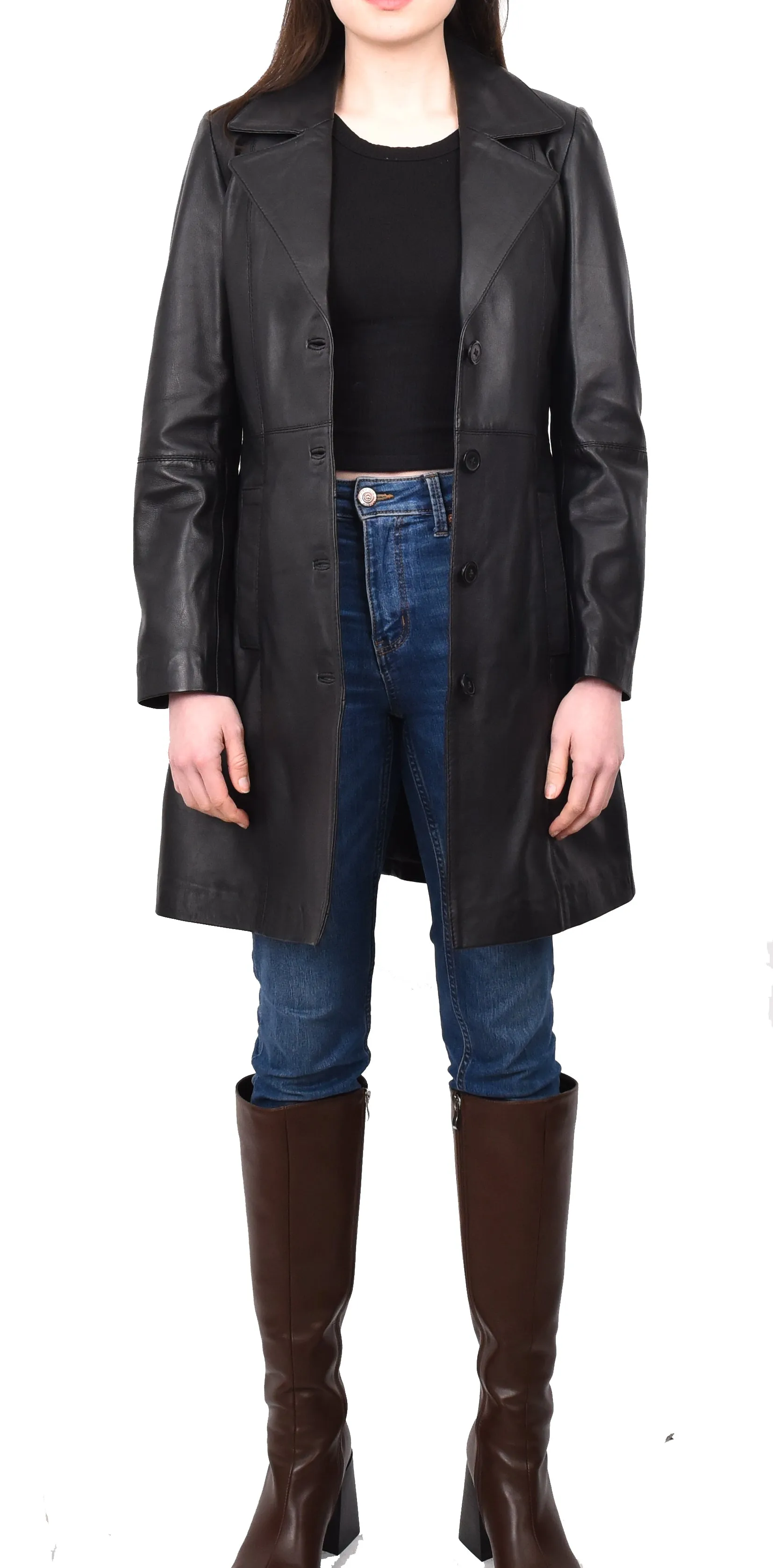 Women's 3/4 Length Soft Leather Classic Coat Black Trenzia
