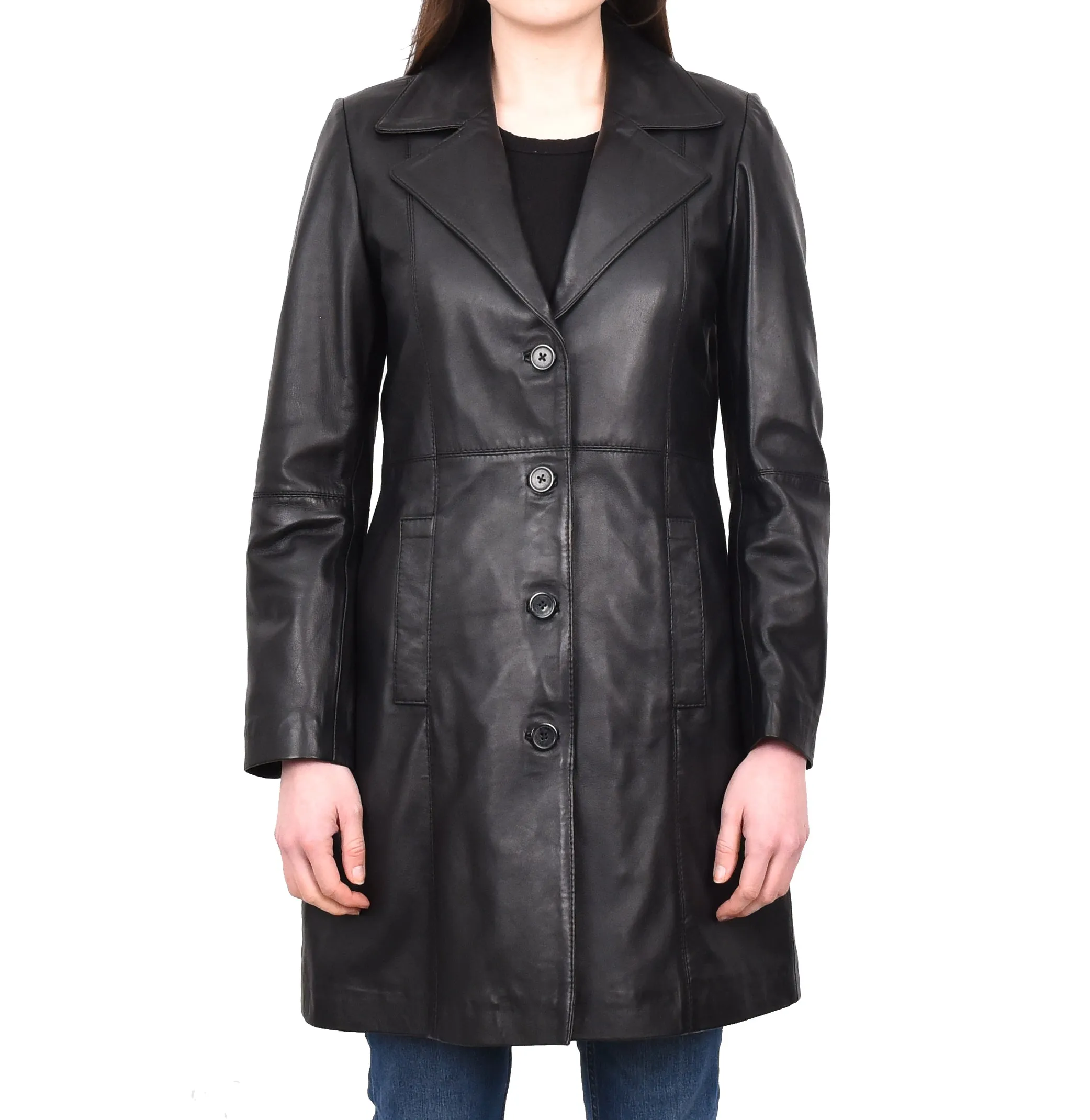 Women's 3/4 Length Soft Leather Classic Coat Black Trenzia