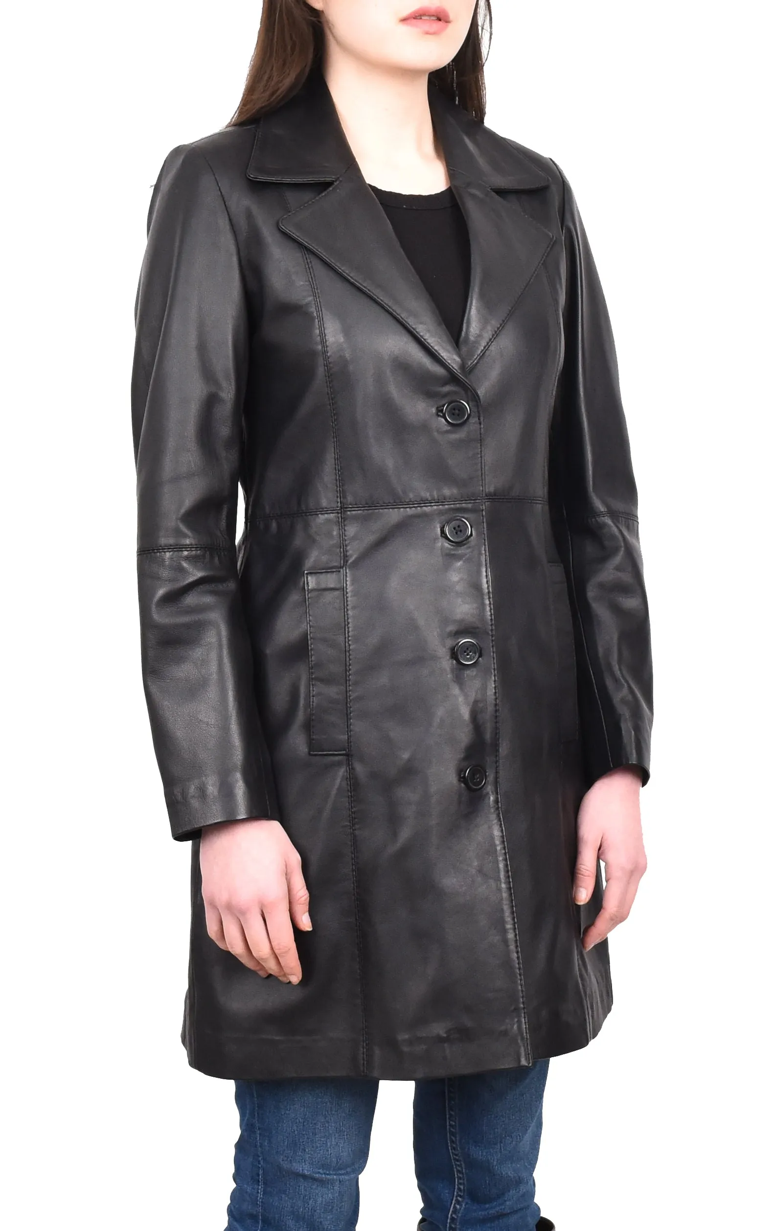 Women's 3/4 Length Soft Leather Classic Coat Black Trenzia