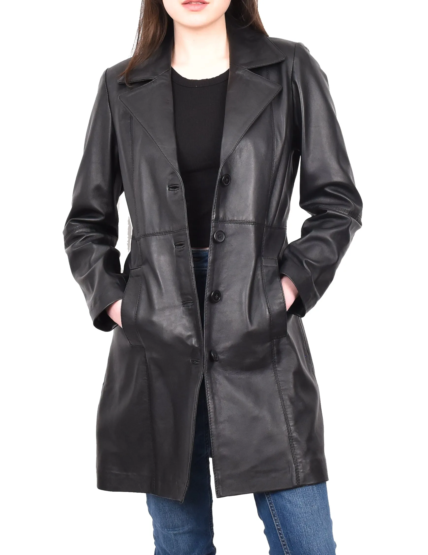 Women's 3/4 Length Soft Leather Classic Coat Black Trenzia