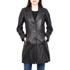 Women's 3/4 Length Soft Leather Classic Coat Black Trenzia