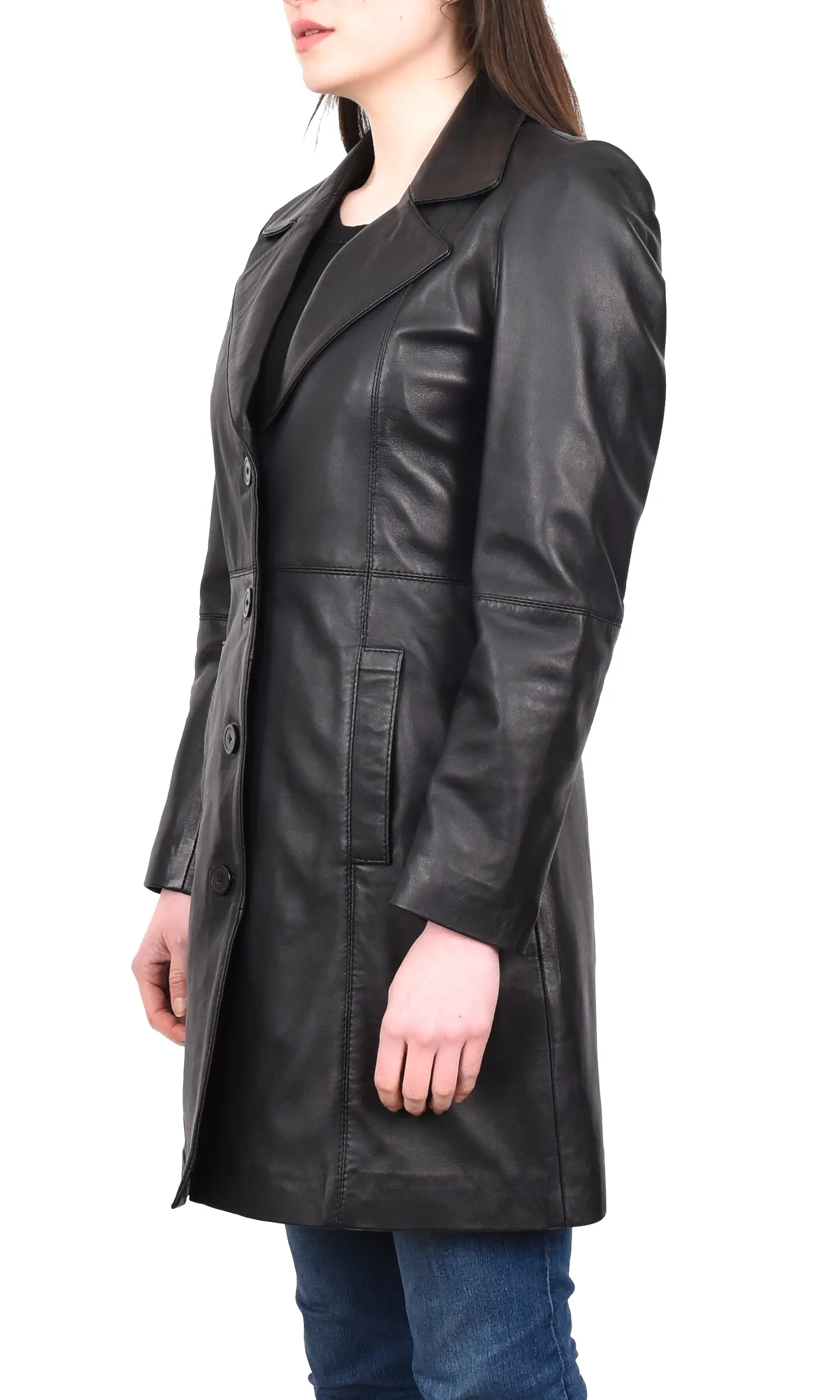 Women's 3/4 Length Soft Leather Classic Coat Black Trenzia