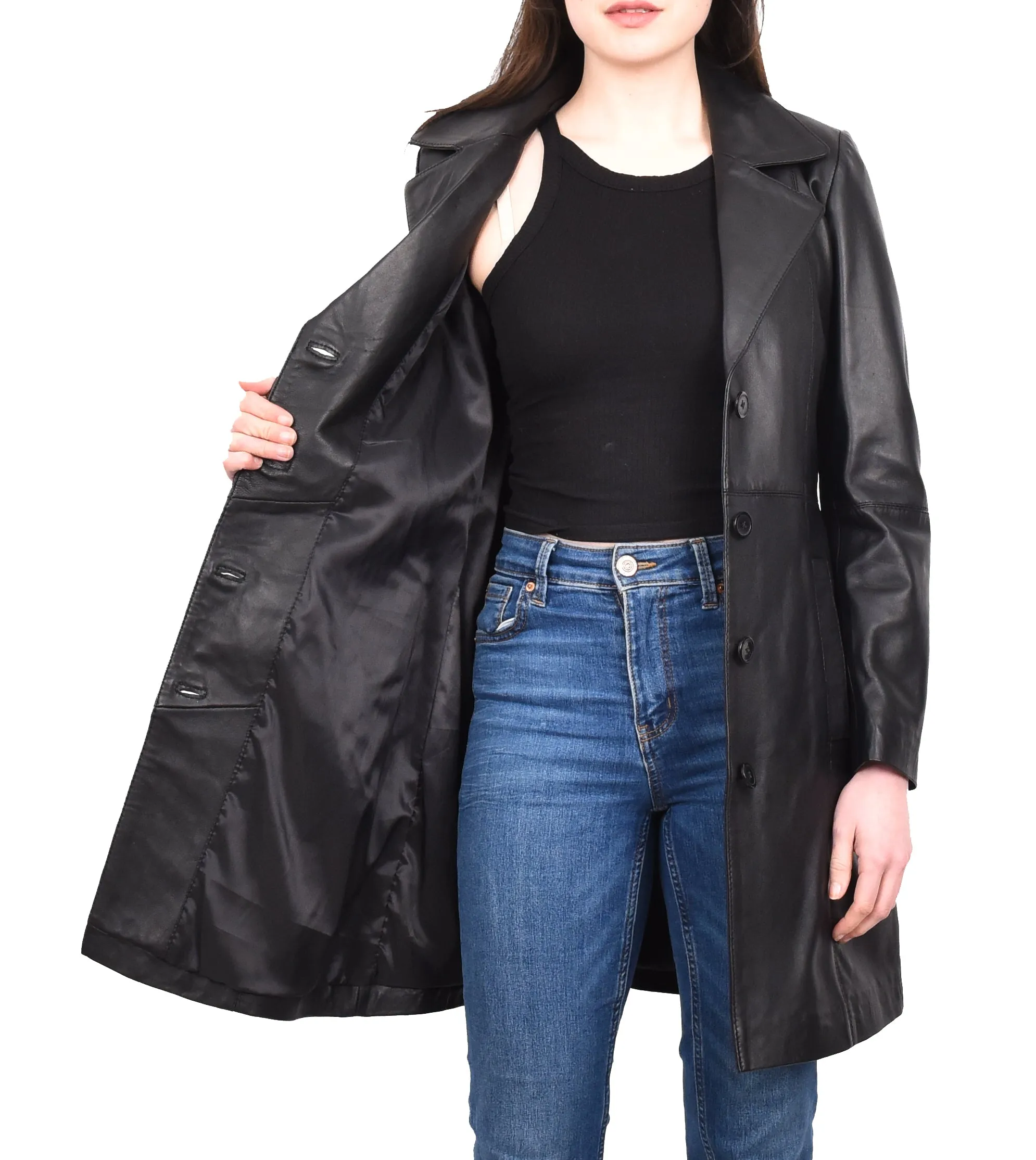 Women's 3/4 Length Soft Leather Classic Coat Black Trenzia