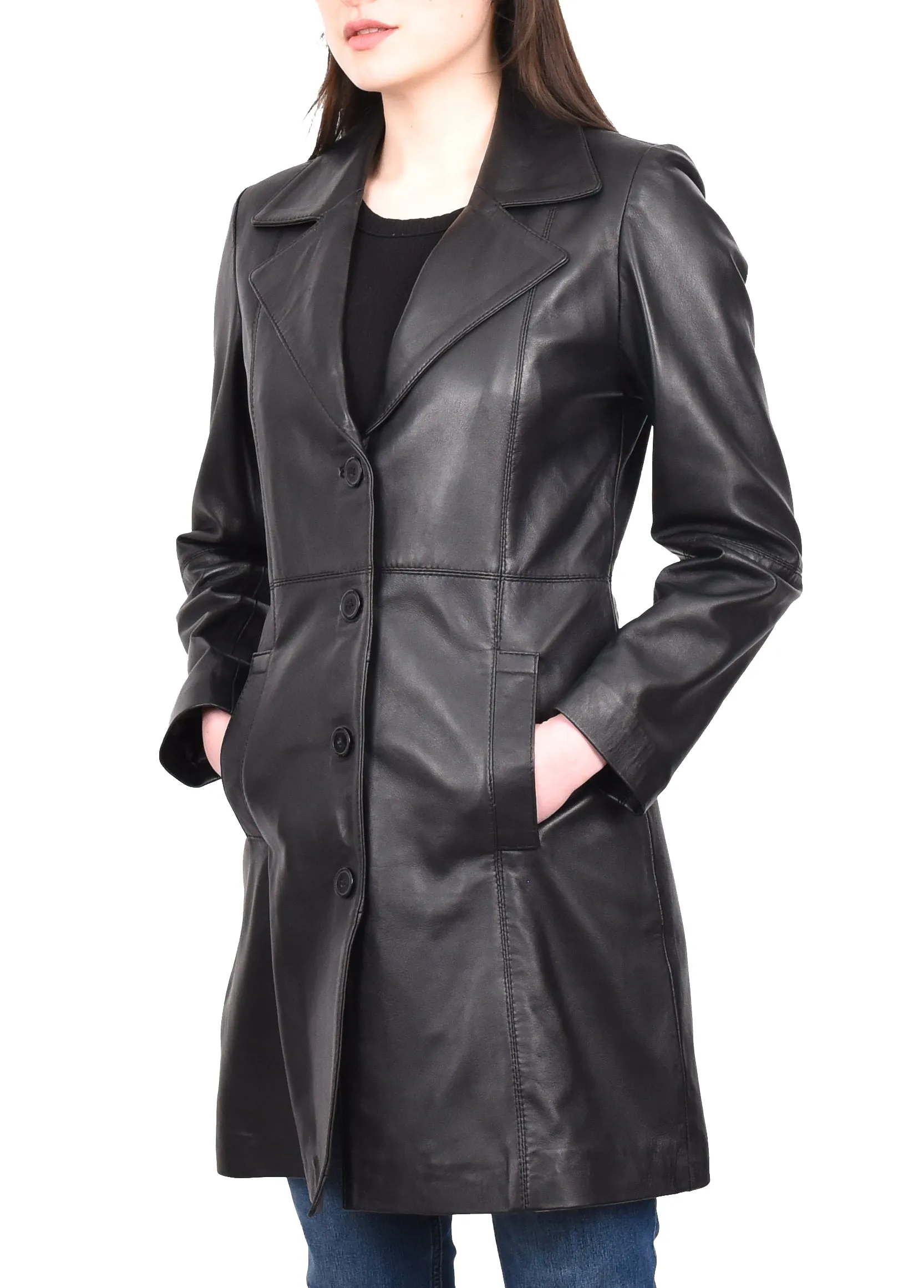 Women's 3/4 Length Soft Leather Classic Coat Black Trenzia